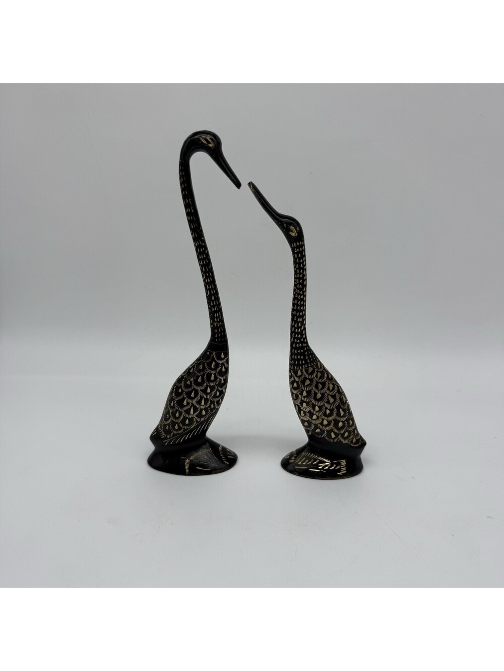 Etched Brass Swan Black Gold Kissing Figurines MCM Vintage